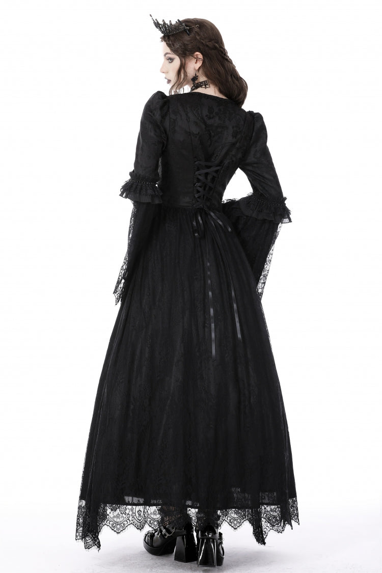 Black Square Collar Long Hime Sleeves Embroidered Lace Spliced Women's Gothic Maxi Wedding Dress - Product - 4