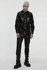 Black Lapel Collar Long Sleeves Stitching Eyelet Men's Punk Blouse - Product - 4
