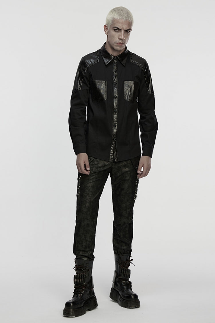 Black Lapel Collar Long Sleeves Stitching Eyelet Men's Punk Blouse - Product - 4