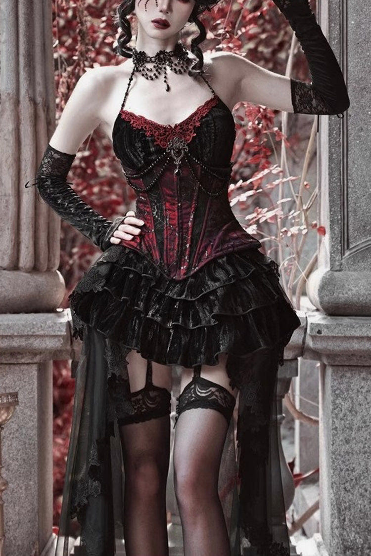 Black/Red Duchess Rococo Fishbone Girdle Multi-layer Ruffle Gothic Lolita Skirt - Black/Red - 1