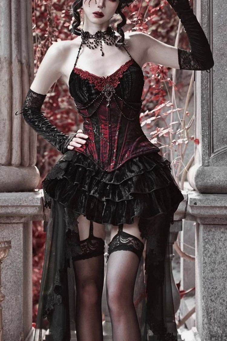 Black/Red Duchess Rococo Fishbone Girdle Multi-layer Ruffle Gothic Lolita Skirt - Black/Red - 1