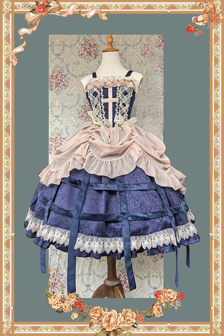 [Lilith’s Cage] Sleeveless Print Ruffle Bowknot Lace-Up Gothic Elegant Lolita Jsk Dress 2 Colors - Product - 17