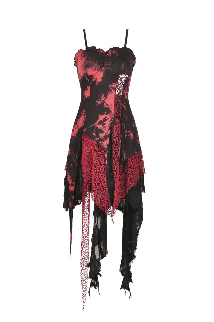 Black/Red Irregular Tie-dyed Patchwork Women's Punk Slip Dress - Product - 3