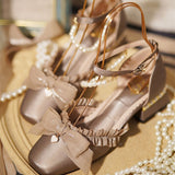 Romance Bowknot Lace Pearl Sweet Elegant Lolita Shoes 4 Colors - Coffee - 3