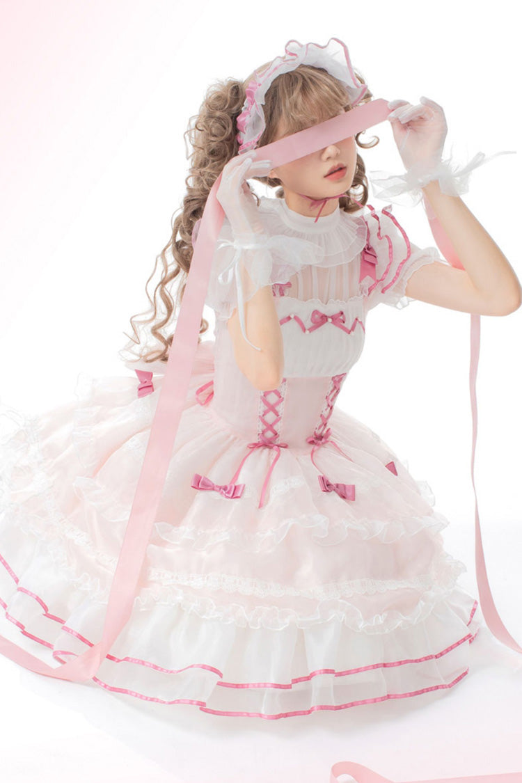 Pink Multi-layer Ruffle Bowknot Lace-Up Ballet Style Sweet Princess Lolita Tiered Dress - Product - 7