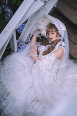 White [Dreamy Waltz] Sleeveless Multi-Layered Ruffled Hanayome Bow Lace Gothic Gorgeous Lolita Jsk Dress - Product - 6