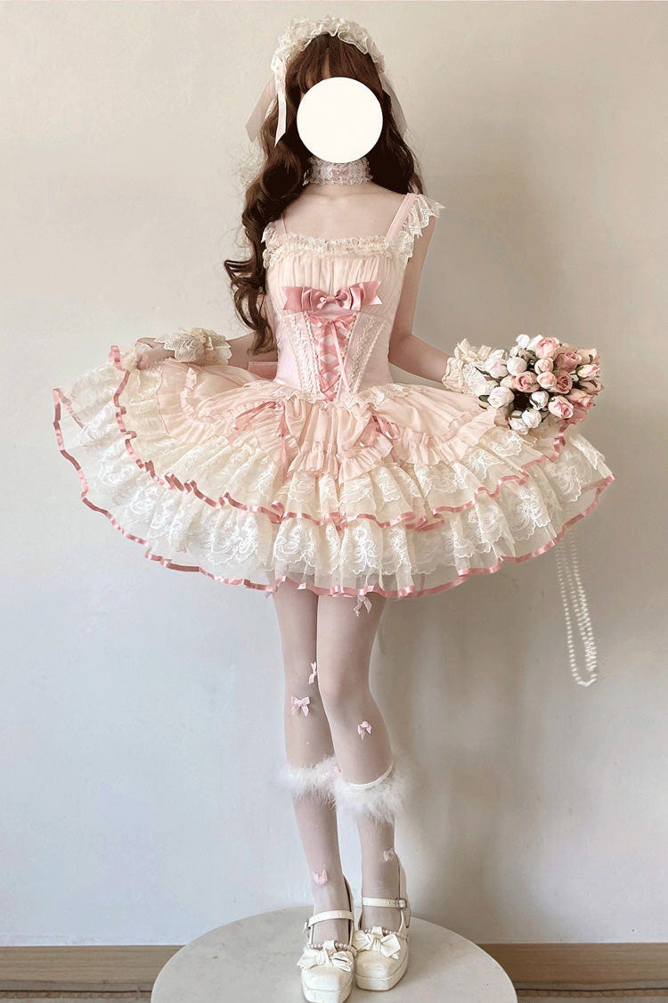 ピンク [Bale Bebe] ノースリーブ 三層 フリル リボン レースアップ スウィート バレエ ロリータワンピース 商品画像