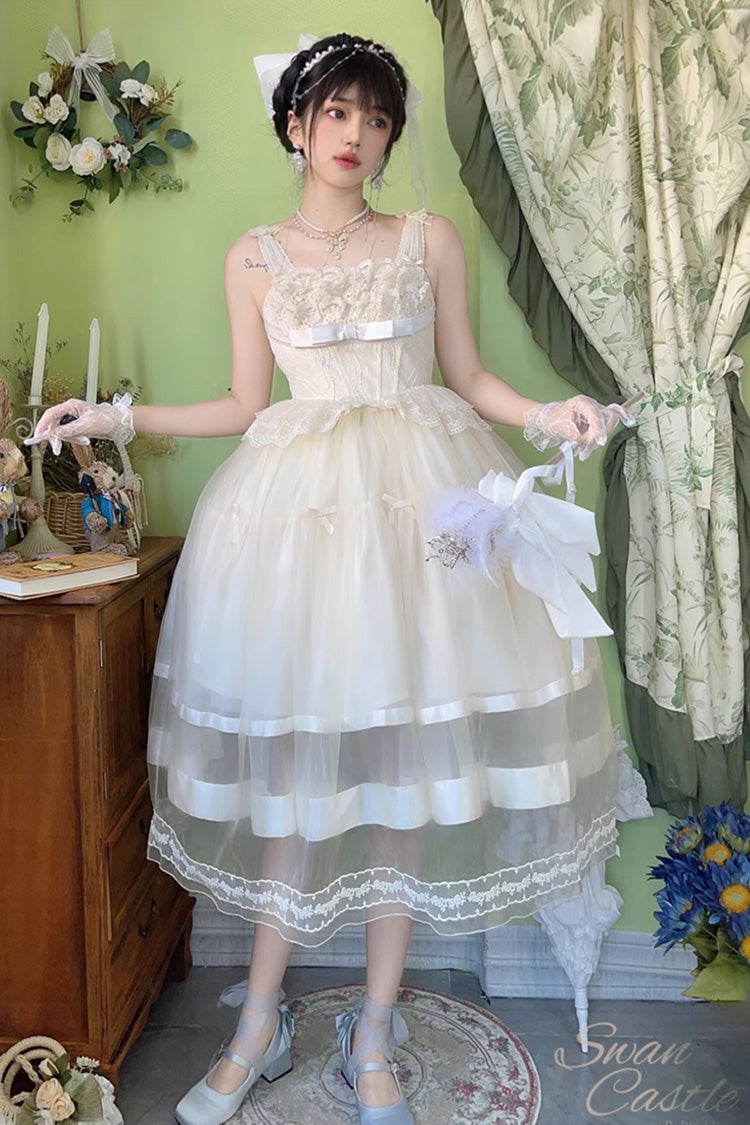 Ivory [Swan Castle] Ruffle Bowknot Lace Sweet Elegant Gorgeous Lolita Jsk Long Dress - Product - 4