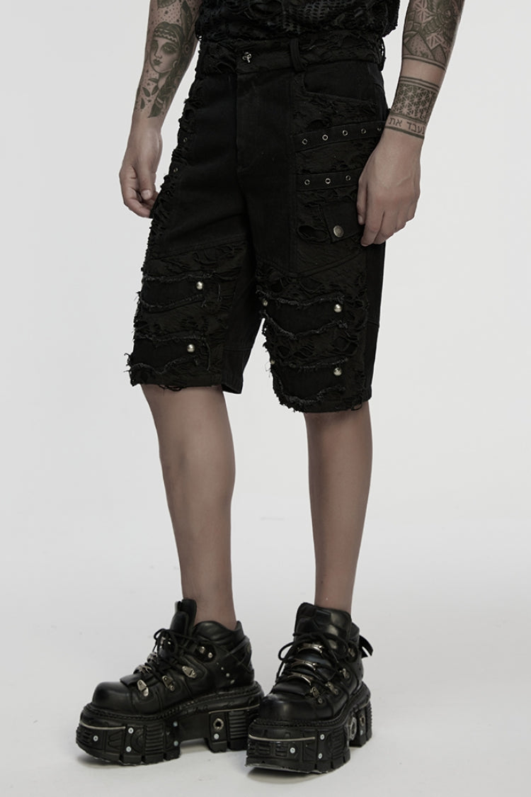 Black Ripped Eyelet Straps Men's Gothic Shorts - Product - 3