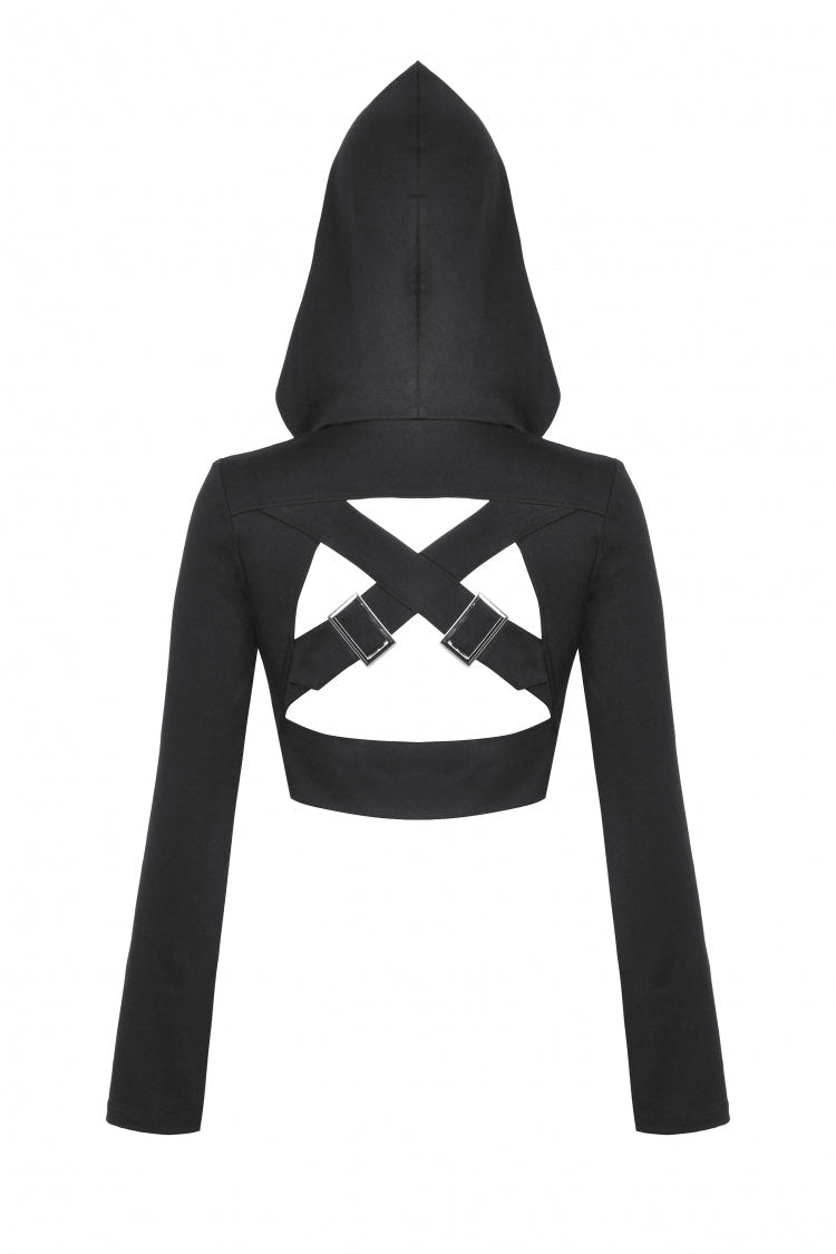 Black Long Sleeves Cut-Out Buckled Women's Punk Shrug with Hood - Product - 14