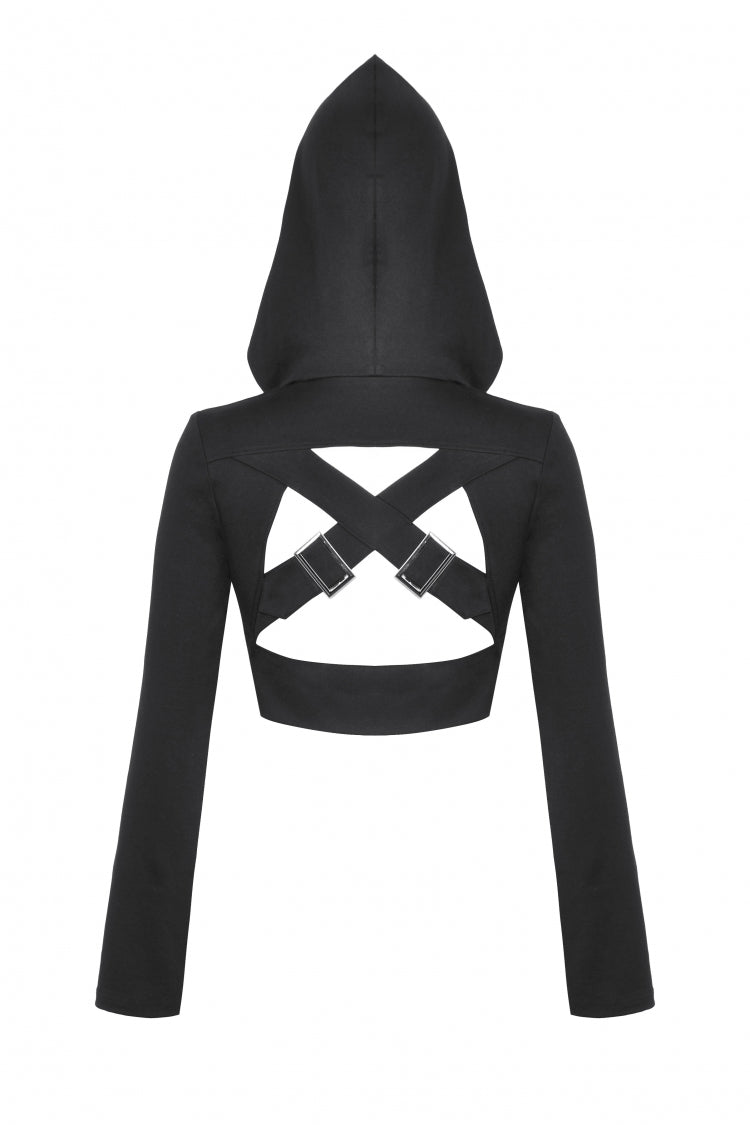 Black Long Sleeves Cut-Out Buckled Women's Punk Shrug with Hood - Product - 14