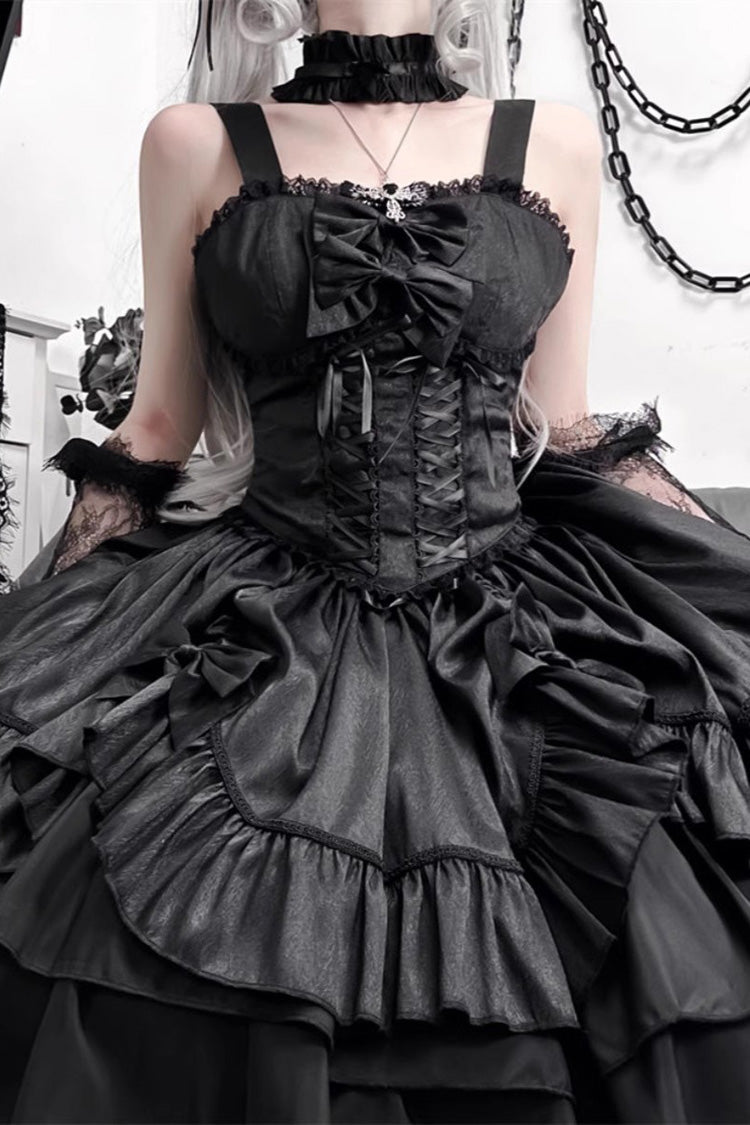 Black [Butterfly Officer] Triple-Layered Ruffle Bowknot Lace-Up Gothic Lolita Skirt Set - Product - 2