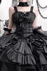 Black [Butterfly Officer] Triple-Layered Ruffle Bowknot Lace-Up Gothic Lolita Skirt Set - Product - 2
