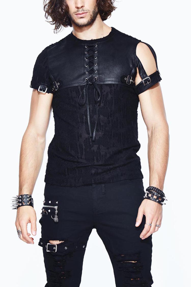 Black Leather Loop Sleeve Irregular Jacquard Knitted Chest Lace Up Removable Men's Punk Shirt - Black - 1