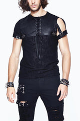 Black Leather Loop Sleeve Irregular Jacquard Knitted Chest Lace Up Removable Men's Punk Shirt - Black - 1