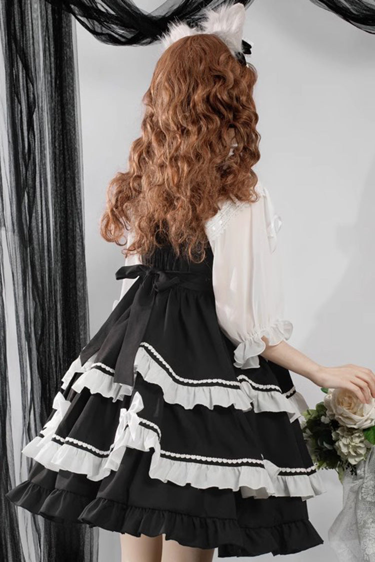 Black/White Bear Paw Print Ruffle Bowknot Sweet Princess Lolita Jsk Dress - Product - 6