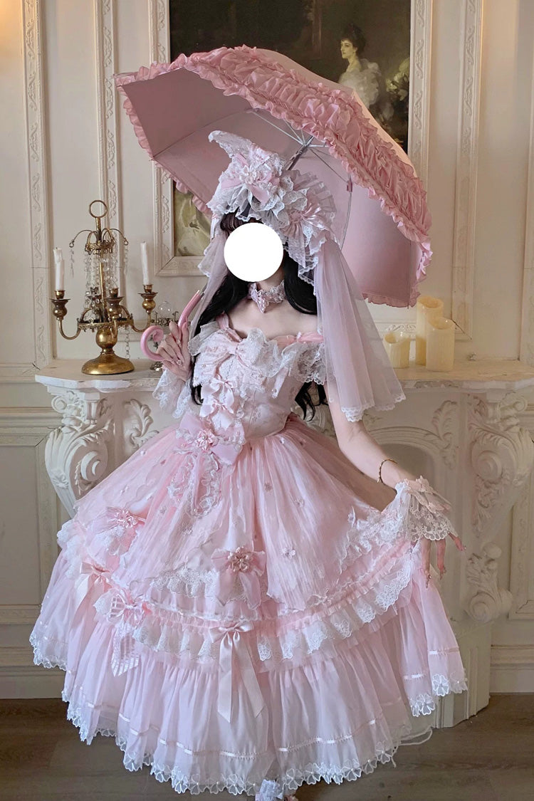 Pink [Sakura Bunny Ballad] Square Collar Flutter Sleeves Jacquard Ruffled Bow Lace Sweet Elegant Luxurious Long Lolita Jsk Dress - Product - 11