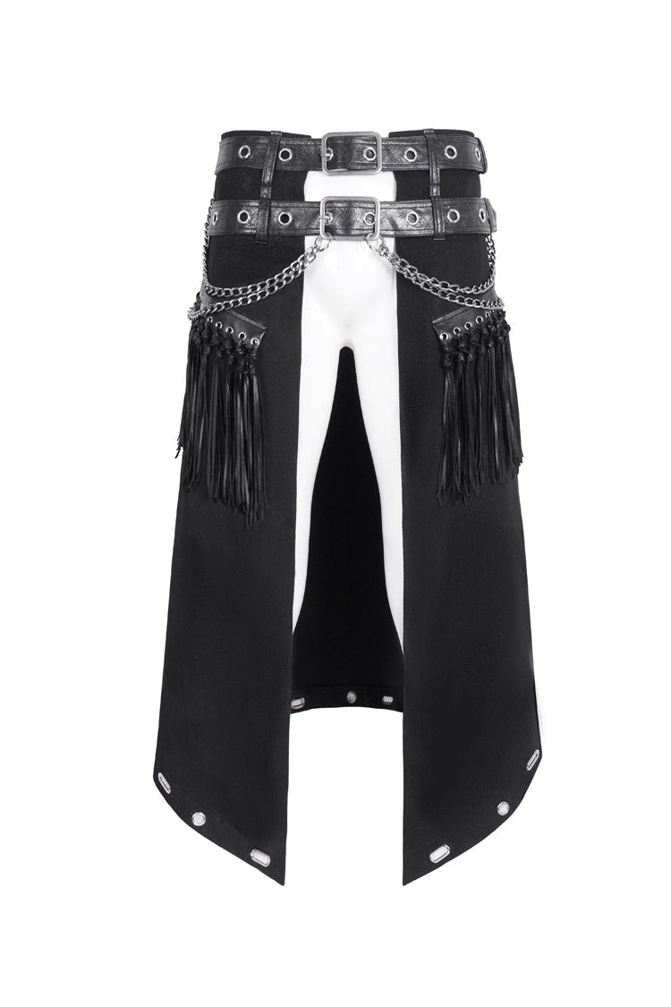 Black Irregular Double Belt Tassels Men's Gothic Skirt - Product - 6