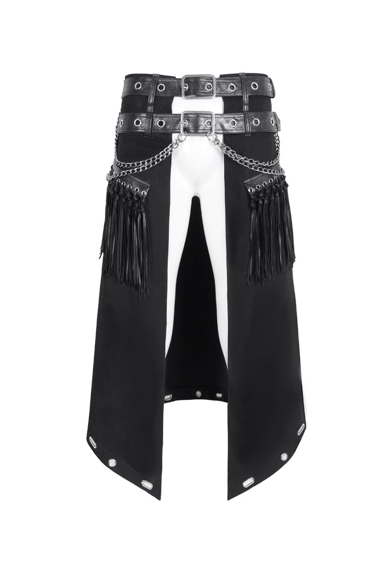 Black Irregular Double Belt Tassels Men's Gothic Skirt - Product - 6