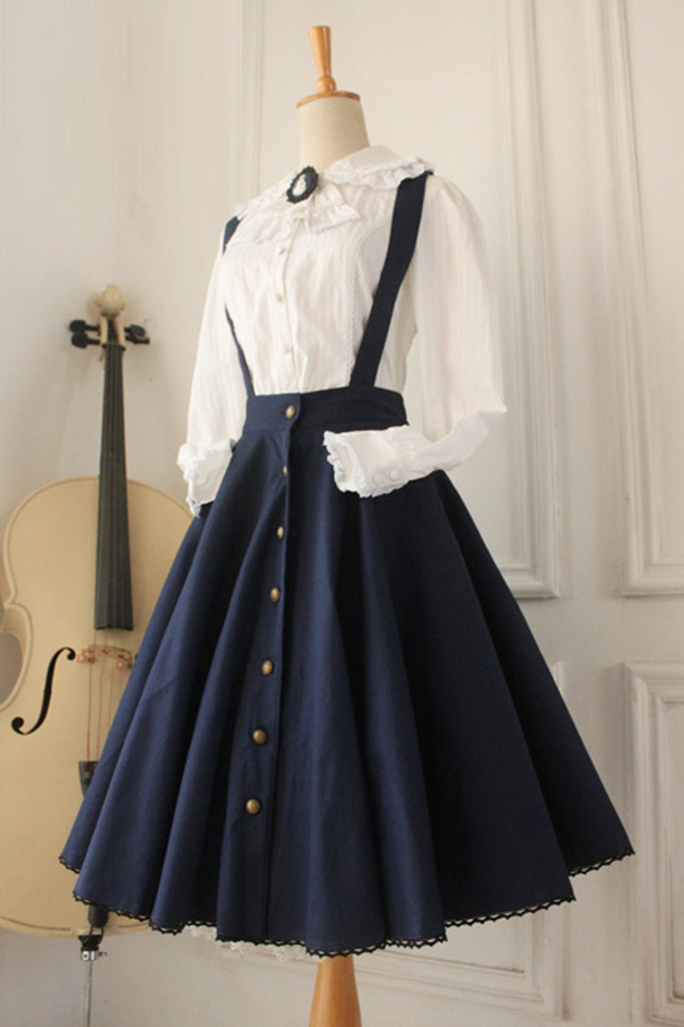 Dark Blue Vintage Single Breasted Ruffled Classic Lolita Skirt Strap Dress - Product - 3