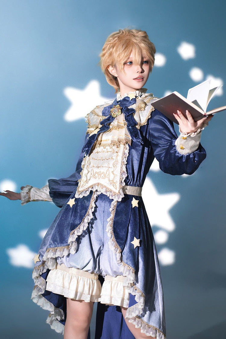 Blue Long Sleeves Ombre Ruffled Bow Ouji Gothic Lolita Swallowtail Dress Shorts Set - Product - 3