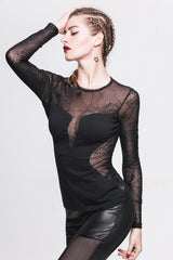 Balck Sexy Thin Elastic Spiderweb Round Collar Knitted Transparent Back Gothic Womens T-Shirt - Product - 2