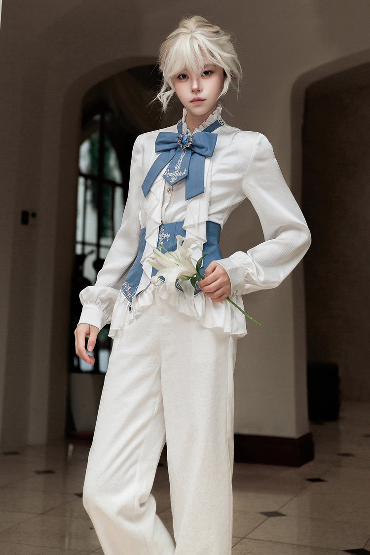 White [Moonlit Paladin Prince] Ruffle Embroidery Bowknot Classic Prince Handsome Ouji Lolita Set - Product - 5