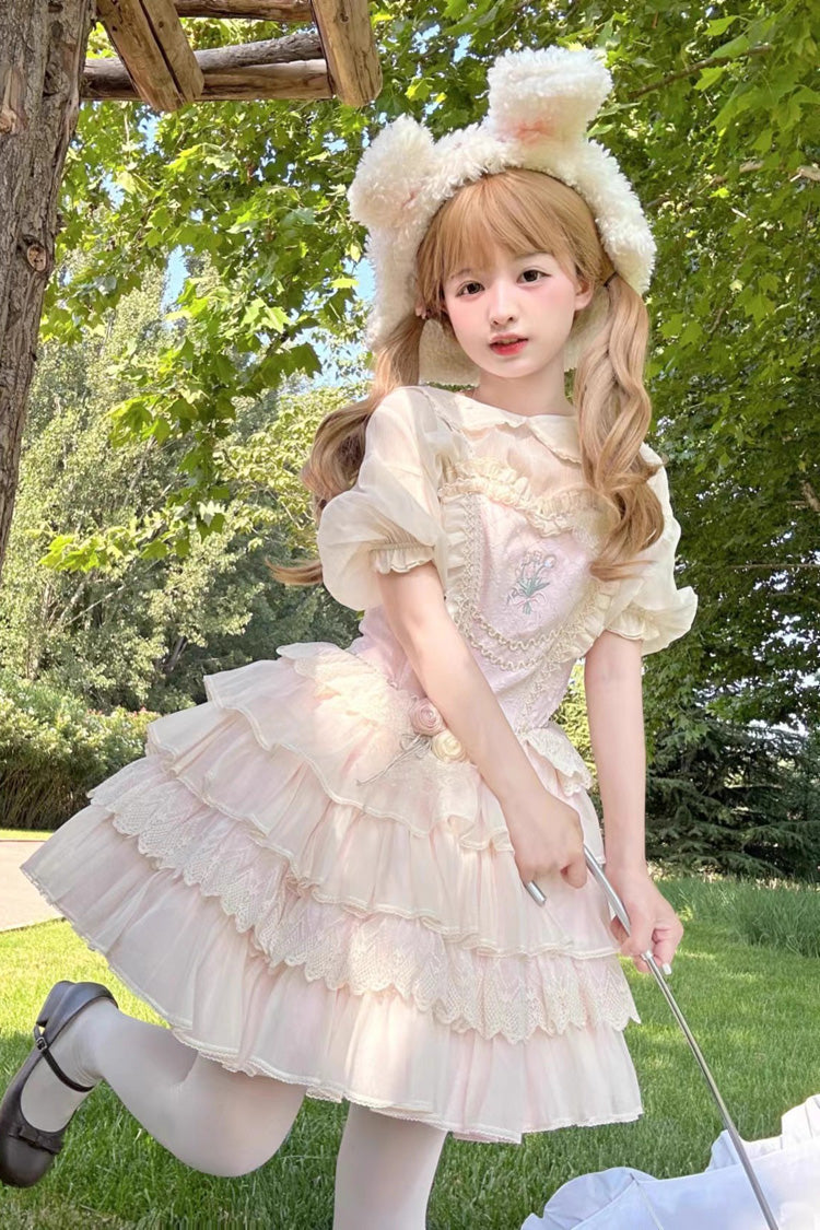 [Good Night, Tulip] Sleeveless Multi-Layered Ruffled Embroidered Lace Sweet Ballet Lolita Jsk Dress 2 Colors - Product - 7