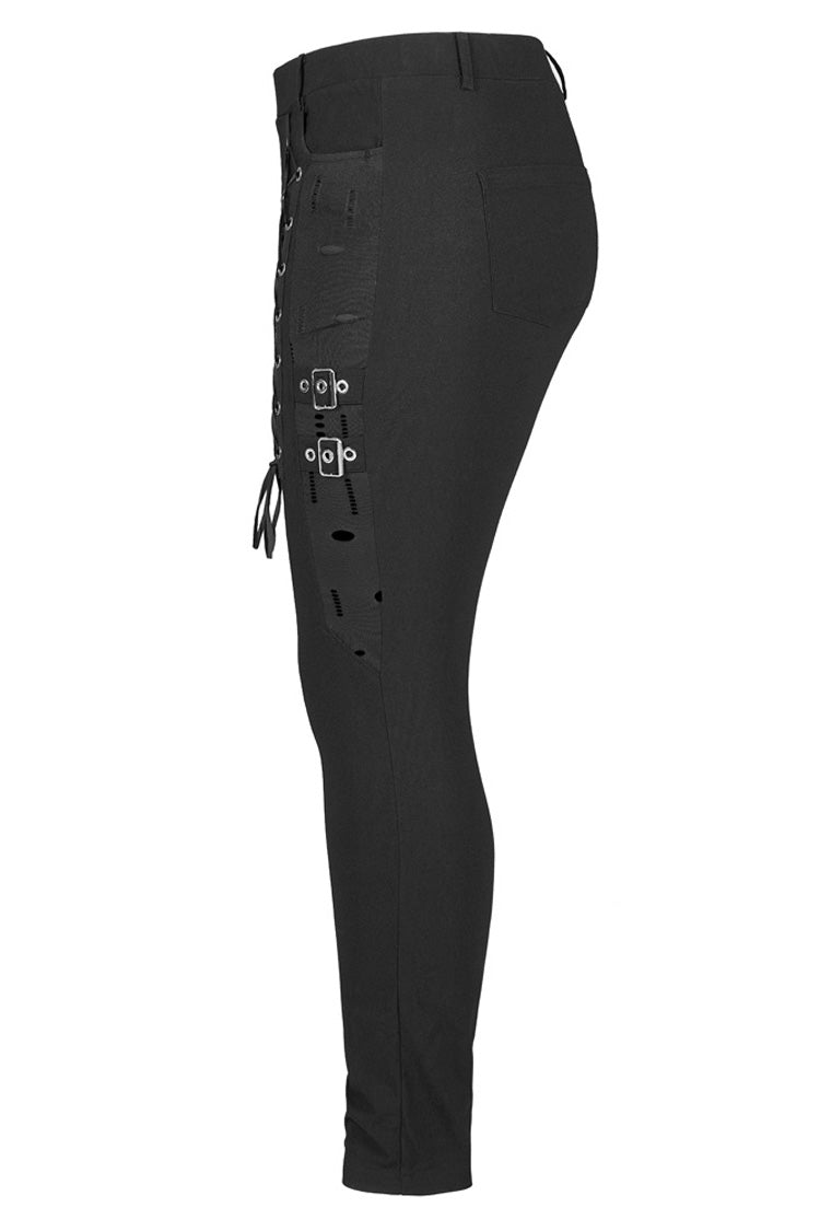Black Elasticity Knitting Holes Design Cross Tied Rope Decoration Sexy Tight Women's Plus Size Punk Trousers - Product - 6