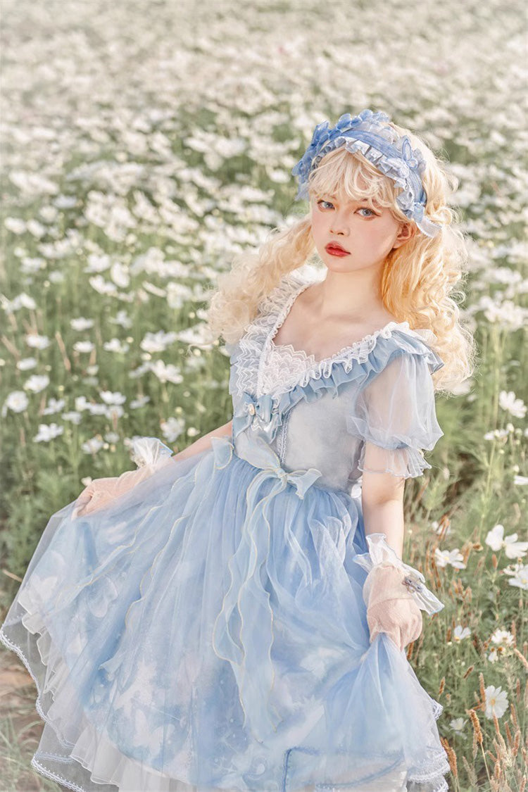 Blue High Waisted Planet Butterfly Print Ruffle Lace Sweet Lolita Dress - Product - 8