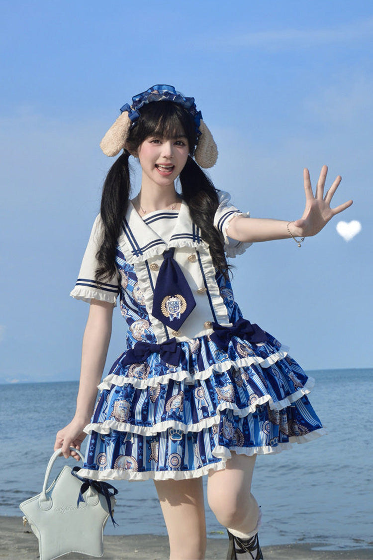 Blue [Glory of the Dog] Navy Collar Short Sleeves Low Waisted Triple-Layered Printed Ruffled Bow Sweet Lolita Dress - Dark-Blue - 1