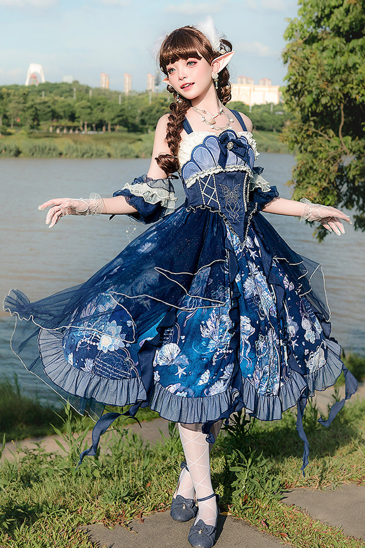 Blue [Deep Sea Jellyfish] Print Ruffle Lace Sweet Elegant Lolita Jsk Dress - Product - 14