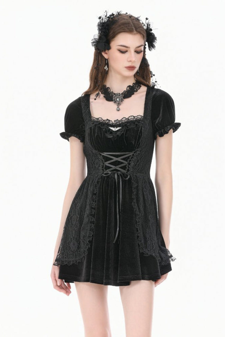 Black Square-Cut Collar Short Puff Sleeves Lace Patchwork Velvet Lace-Up Women's Gothic Vintage Dress - Product - 6