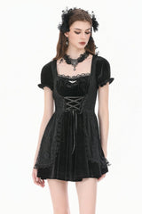 Black Square-Cut Collar Short Puff Sleeves Lace Patchwork Velvet Lace-Up Women's Gothic Vintage Dress - Product - 6
