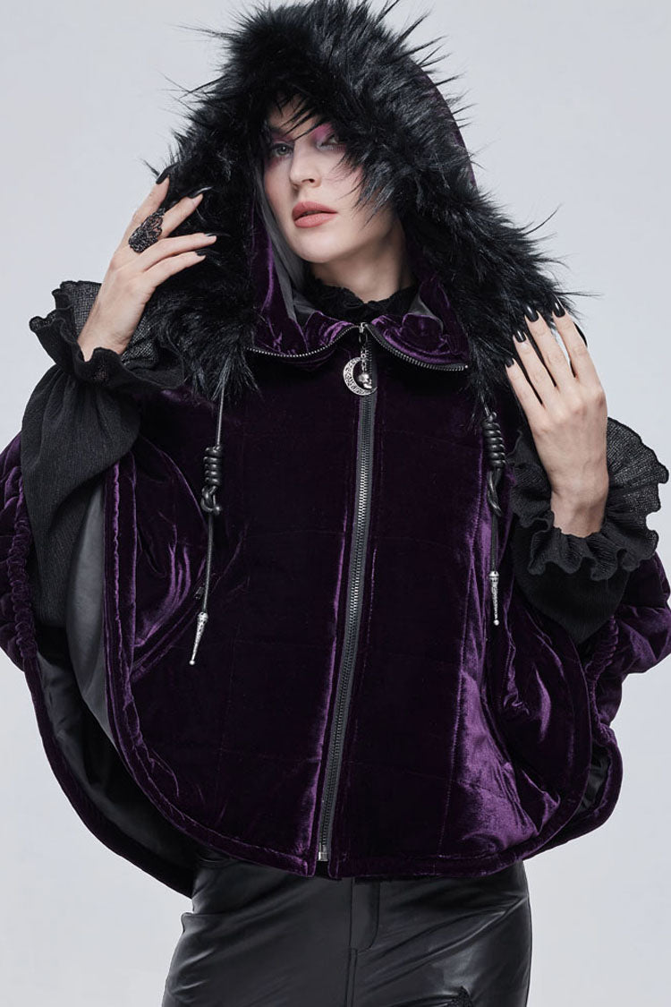 Purple Gothic Quilted Velvet Collar Crescent Pendant Zipper Warm Women's Shawl - Purple - 1