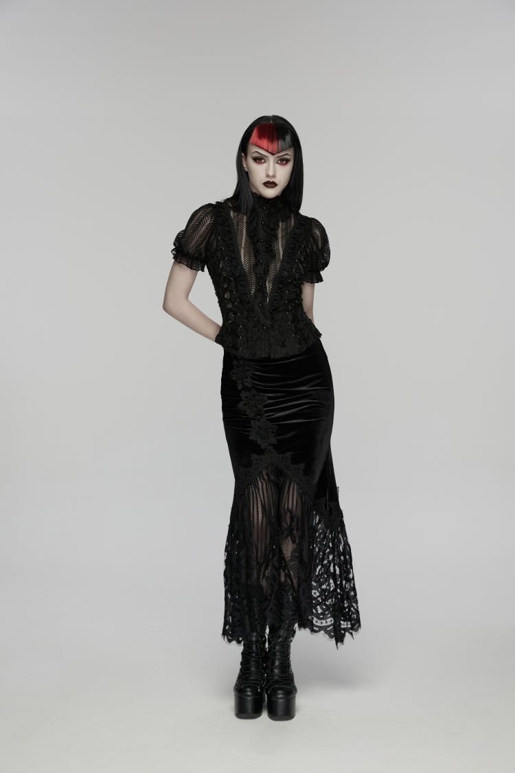 Black Embroidered Lace Slim Women's Gothic Fishtail Velvet Skirt - Product - 4