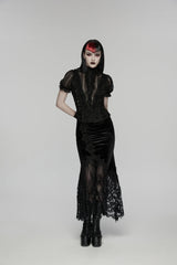 Black Embroidered Lace Slim Women's Gothic Fishtail Velvet Skirt - Product - 4