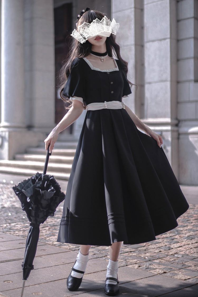 Black [Random Thoughts] Square Collar Short Sleeves Ruffle Classic Vintage Elegant Lolita Dress - Product - 3