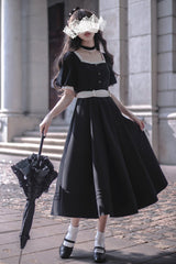 Black [Random Thoughts] Square Collar Short Sleeves Ruffle Classic Vintage Elegant Lolita Dress - Product - 3