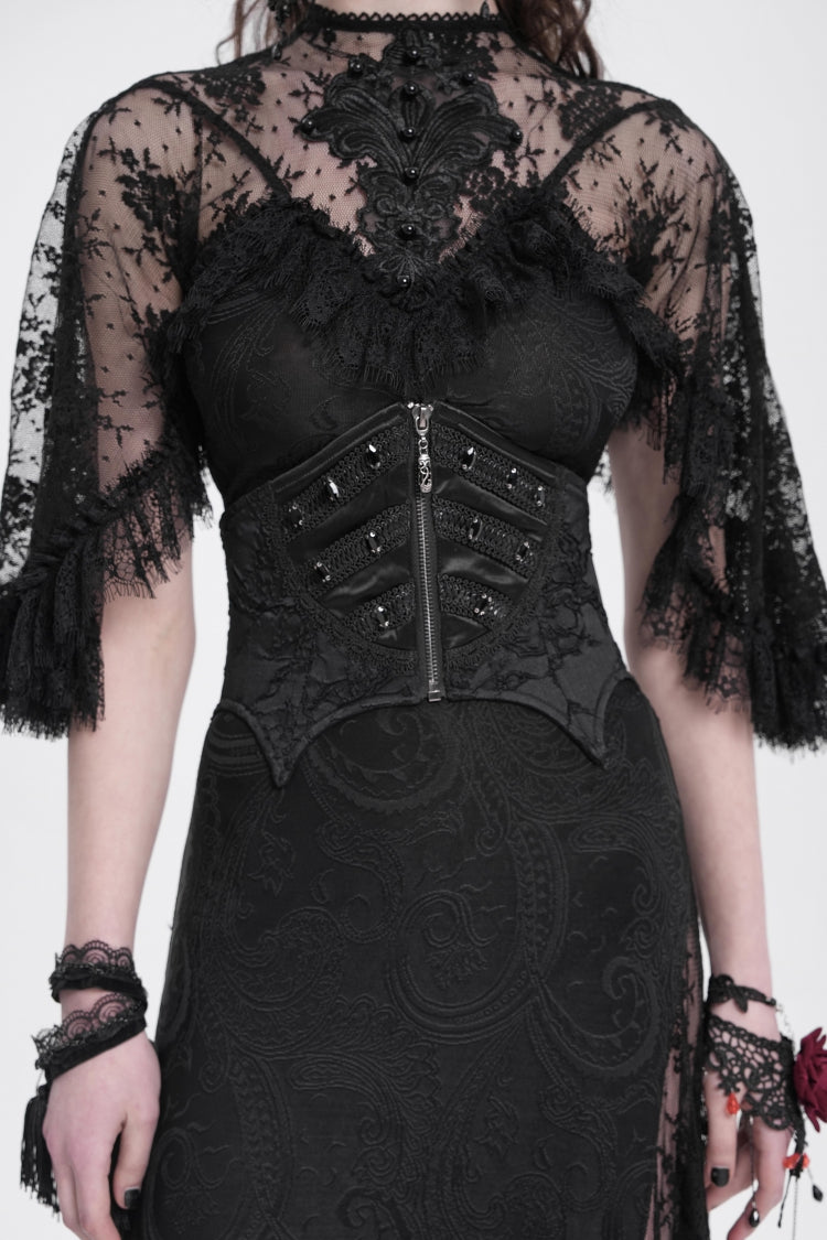 Black Batwing Beaded Lace-Up Zipper Women's Underbust Corset - Product - 3
