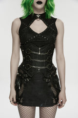 Black Lace-Up Slim Fit Studded Zippered Chain-Decorated Women's Punk Luxurious Cool Underbust Corset - Product - 7