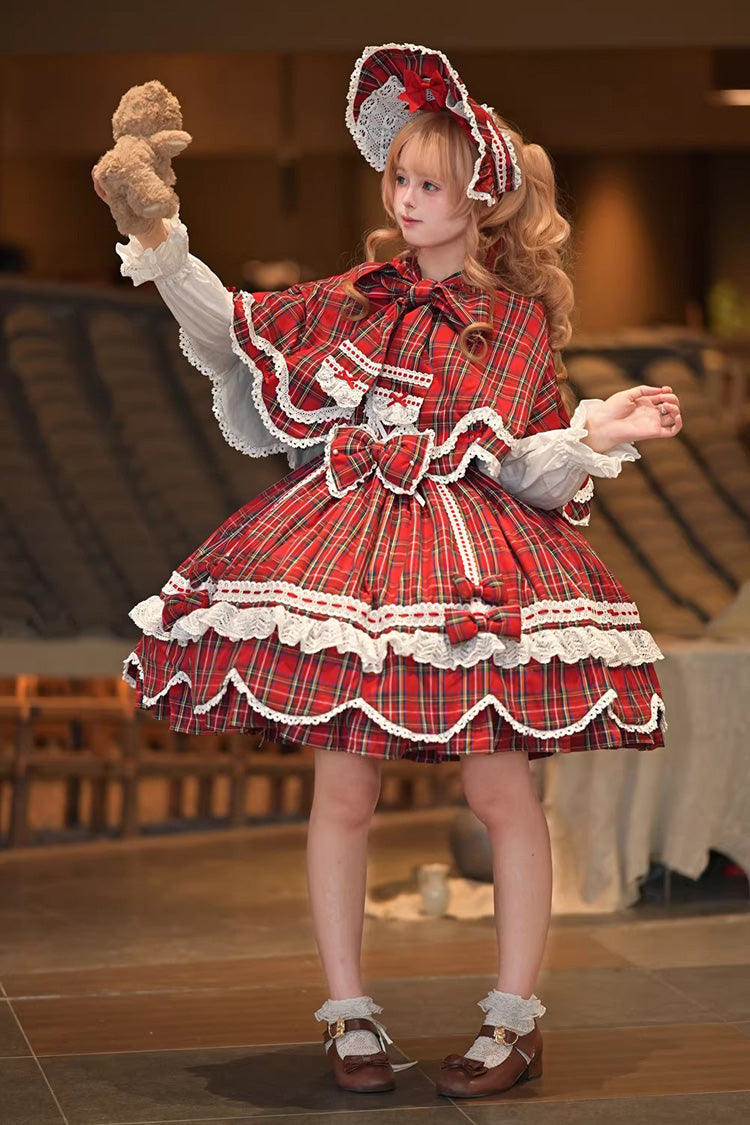 Red [Gingham Petal Bunny] Short Sleeves Printed Ruffled Bow Sweet Lolita OP Dress - Product - 7