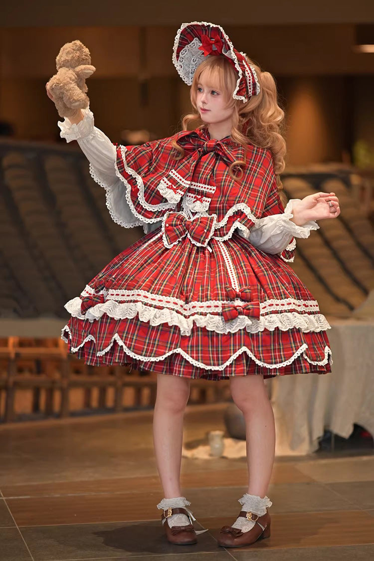 Red [Gingham Petal Bunny] Short Sleeves Printed Ruffled Bow Sweet Lolita OP Dress - Product - 7