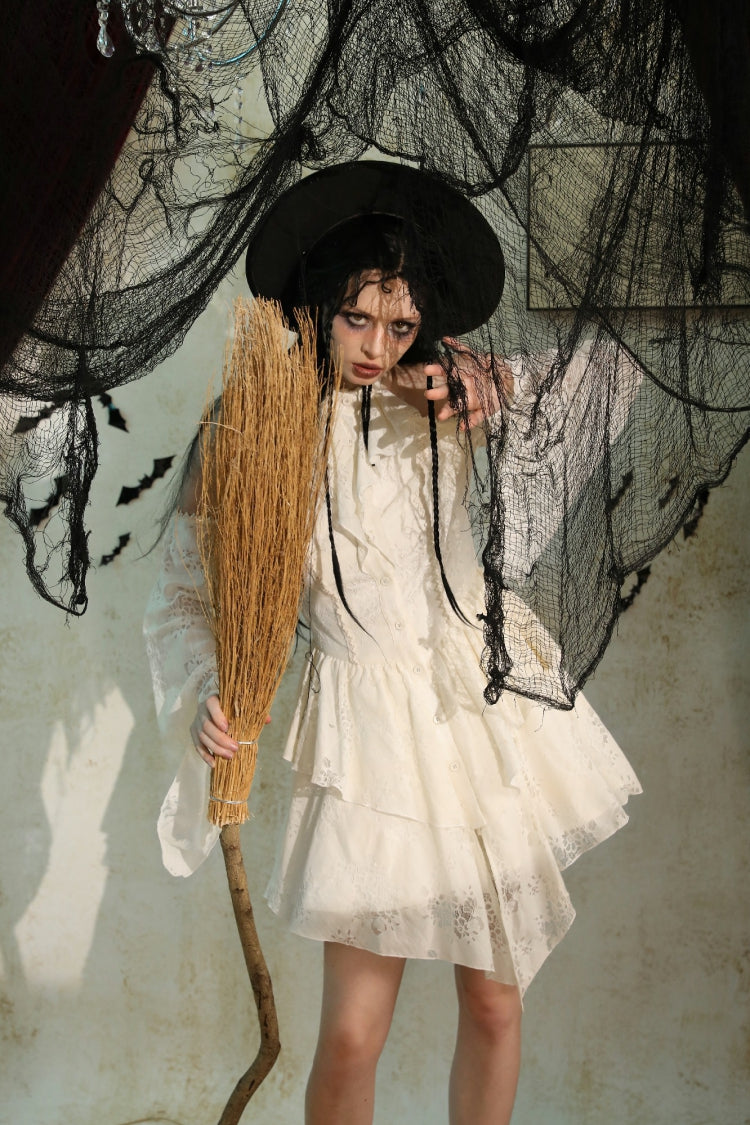 Beige Halter Off Shoulder Lapel Collar Long Flare Sleeves Lace-Up Women's Steampunk Dress - Product - 18