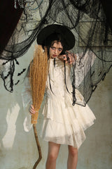 Beige Halter Off Shoulder Lapel Collar Long Flare Sleeves Lace-Up Women's Steampunk Dress - Product - 18