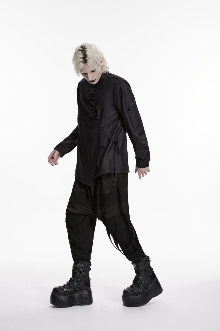 Black Stand Collar Long Sleeves Asymmetric Men's Punk Shirt - Product - 4