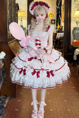 Pink [Moon-Tide Butterfly’s Call] Sleeveless Multi-Layered Ruffle Bowknot Lace Sweet Lolita Jsk Dress - Product - 4