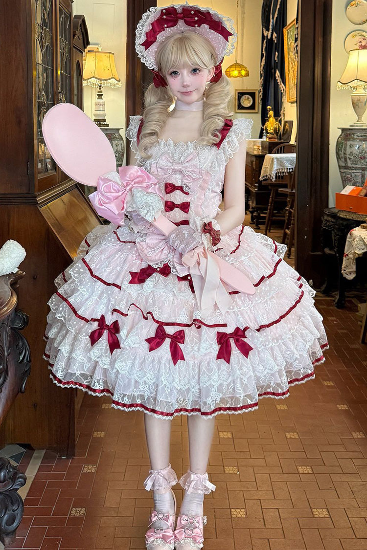 Pink [Moon-Tide Butterfly’s Call] Sleeveless Multi-Layered Ruffle Bowknot Lace Sweet Lolita Jsk Dress - Product - 4