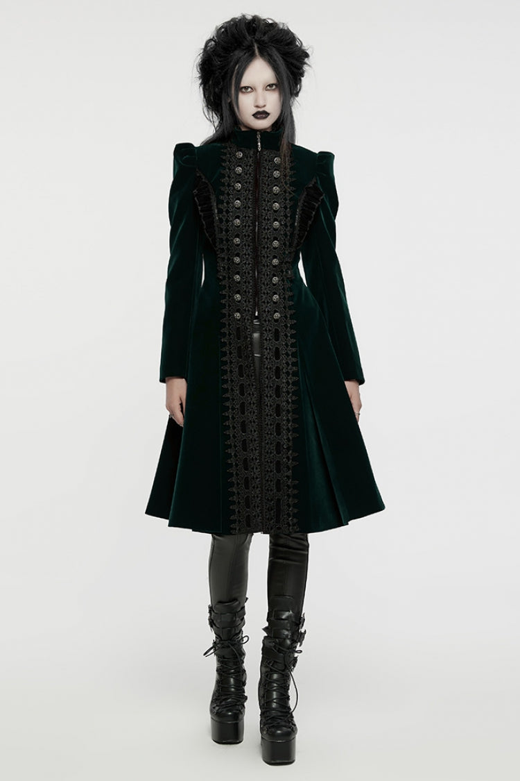 Black/Green Long Puff Sleeves Floral Embroidery Women's Gothic Coat - Product - 4