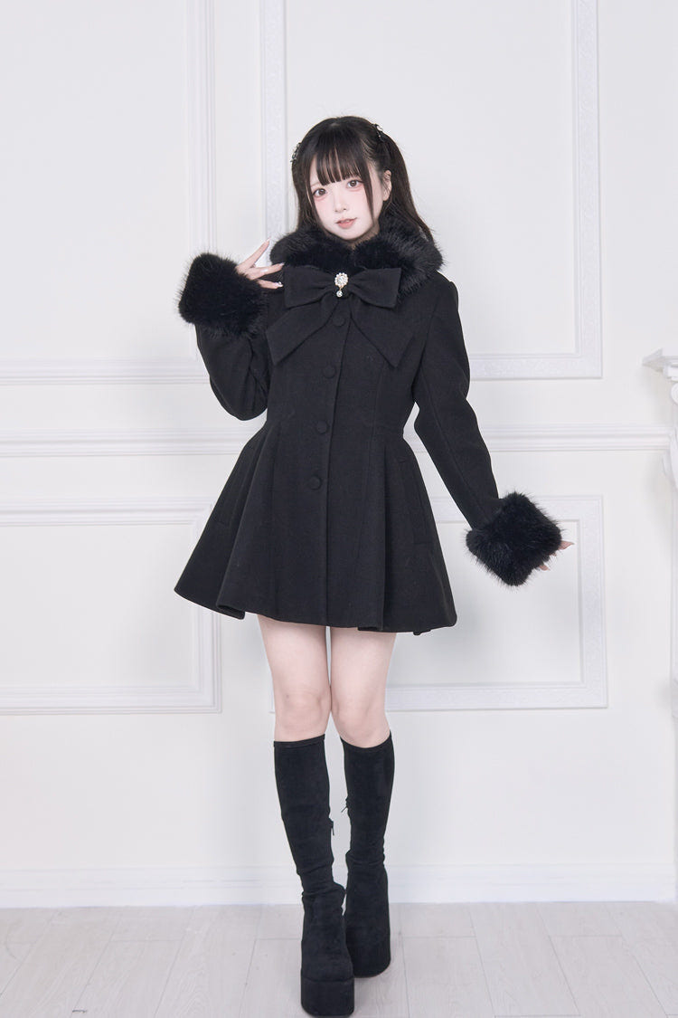 Black Plush Collar Long Sleeves Bowknot Japanese Sweet Lolita Coat - Product - 4
